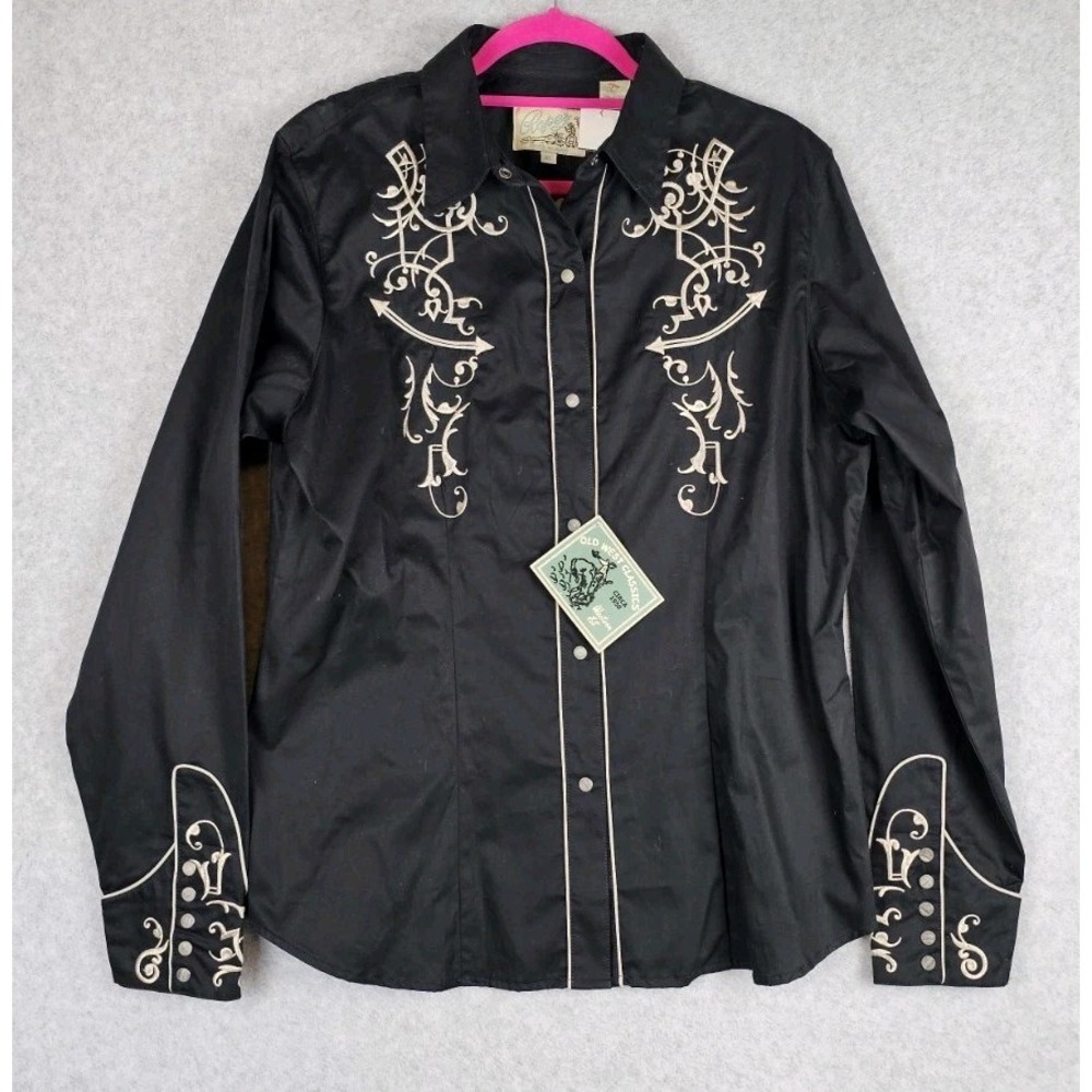 Roper VTG Western Women's XL Black Shirt Beige Embroidered Pearl Snap Cowgirl - Picture 1 of 16